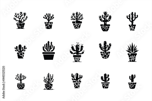 Desert plant in cracked pot set with dry textures vector illustration