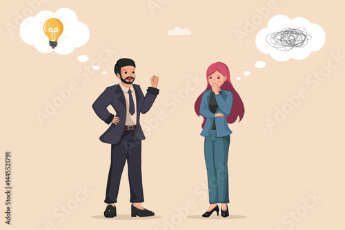 Business individuals with contrasting thought processes one with a bright idea, the other with confusion.