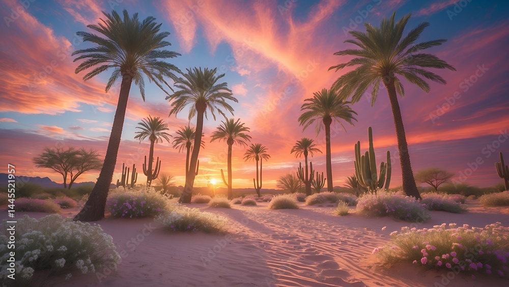 Fototapeta premium Desert landscape with palm tree and sunset