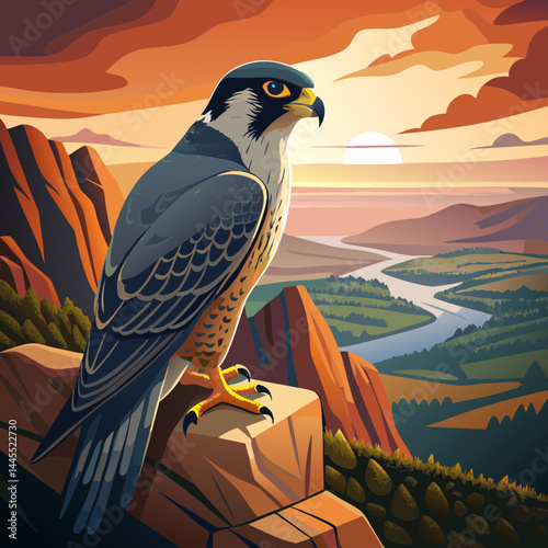 Peregrine Falcon Perched on Rocky Summit Overlooking a Breathtaking Mountain Landscape at Dusk
