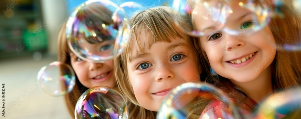 Three young Caucasian girls smiling joyfully through floating soap bubbles in a playful, bright outdoor scene Three young Caucasian girls smiling joyfully through floating soap bubbles in a playful, bright outdoor scene