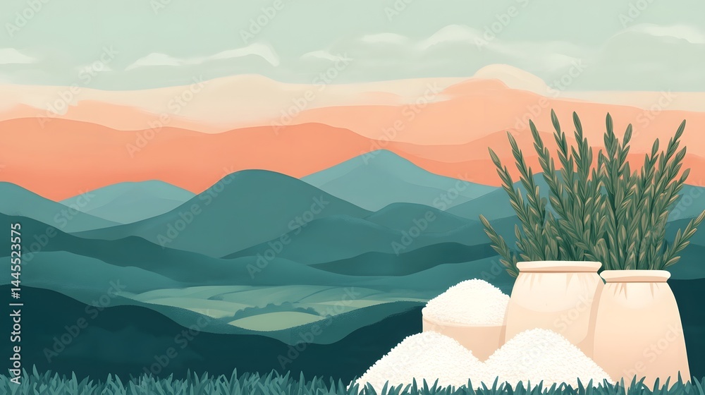 Scenic rice field landscape with sacks of harvested grains