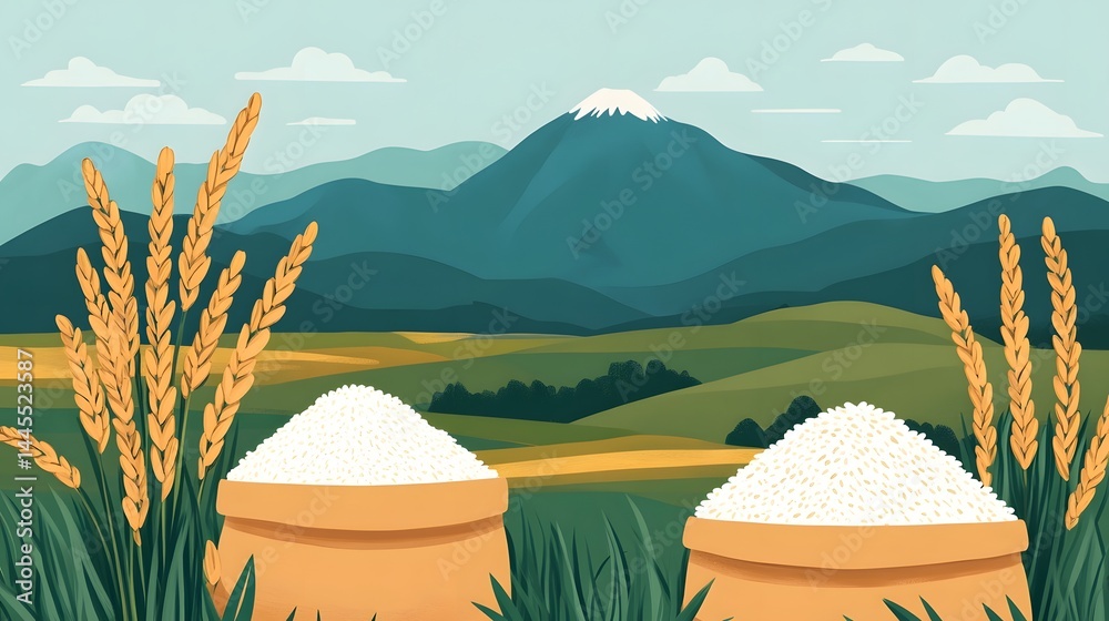 Traditional agricultural landscape with rice stalks and flour sacks