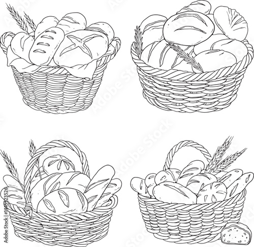 Line art illustration of four different wicker baskets filled with various types of bread and wheat stalks. Simple black and white drawing.