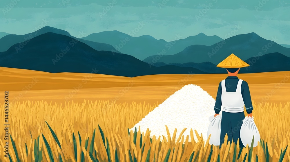 Farmer transporting rice in a field under a mountainous backdrop