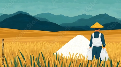 Obraz na płótnie Farmer transporting rice in a field under a mountainous backdrop w salonie