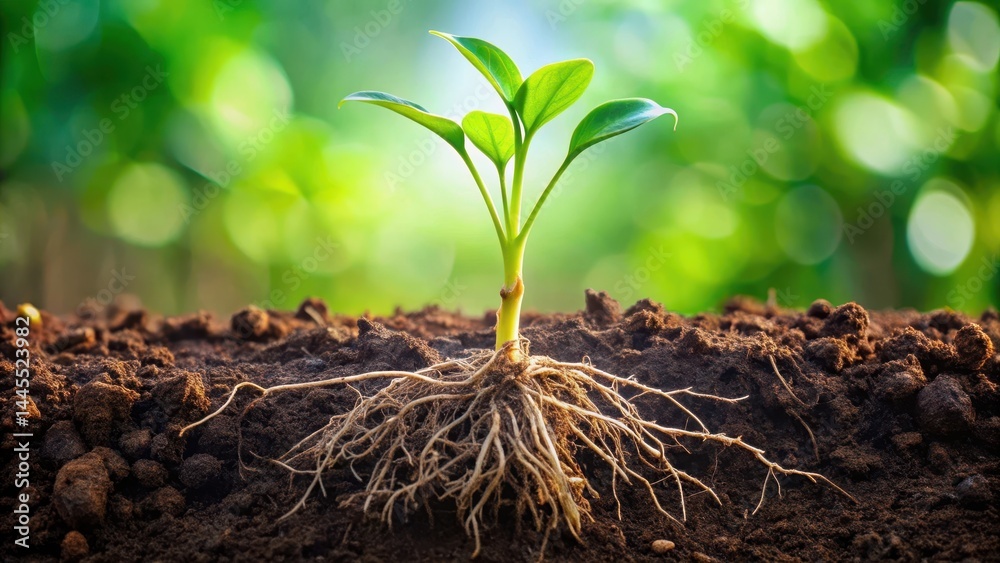 Fototapeta premium Root system growing out of damp earth, new green shoots and tender roots unfolding in a natural process, plant development, organic growth