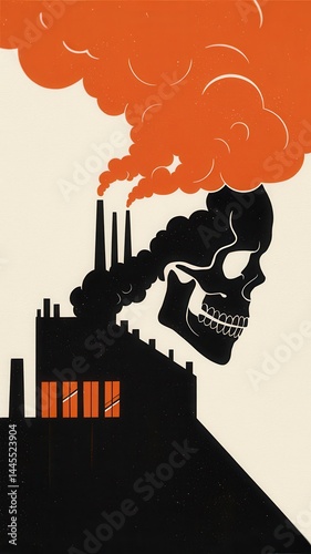 Skull with orange smoke rising from industrial building on grey hill photo
