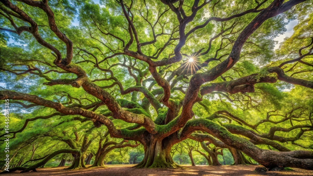 Breathtaking, lush canopy of the Angel Oak Tree's intricate branches stretched towards the sky, botanical