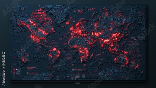 A dark world map with glowing red lines highlighting tectonic plate boundaries and seismic activity zones.