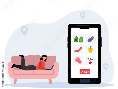 Female customer choosing grocery on mobile app, shopping cart. Online service. Vector illustration