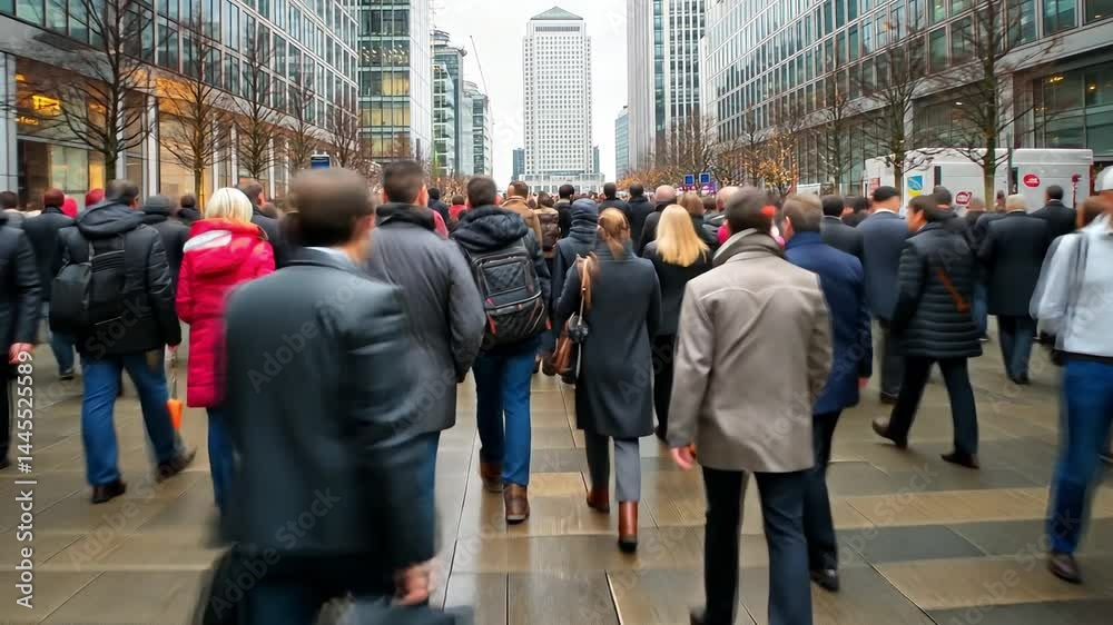 Busy Urban Street with Diverse Crowd of People in Modern Cityscape