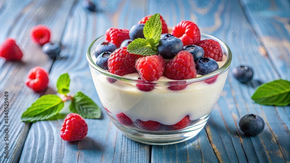 Creamy yogurt layered with vibrant fresh raspberries and blueberries in a delicate glass bowl, berries, snack, berries Creamy yogurt layered with vibrant fresh raspberries and blueberries in a delicate glass bowl, berries, snack, berries