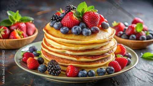 Fluffy buttermilk pancakes piled high with a colorful medley of fresh mixed berries in a shallow bowl, breakfast food, mixed berries