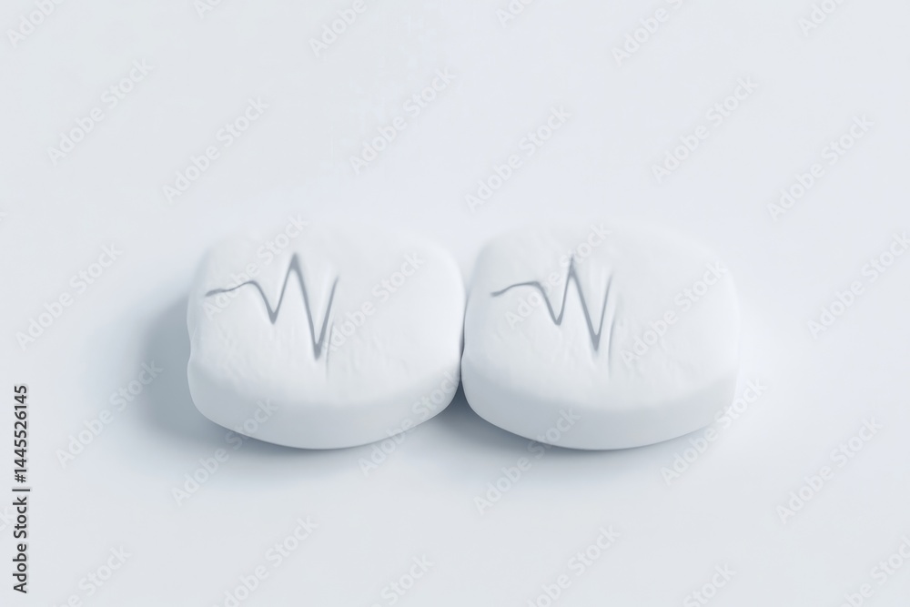 Two round, white pills with a wavy line imprinted, suggestive of a heartbeat Two round, white pills with a wavy line imprinted, suggestive of a heartbeat