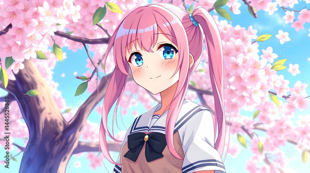 Anime Girl with Pink Hair Enjoying a Spring Day Anime Girl with Pink Hair Enjoying a Spring Day