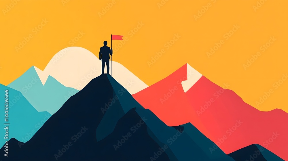 Silhouetted figure stands atop a mountain peak, flag in hand.