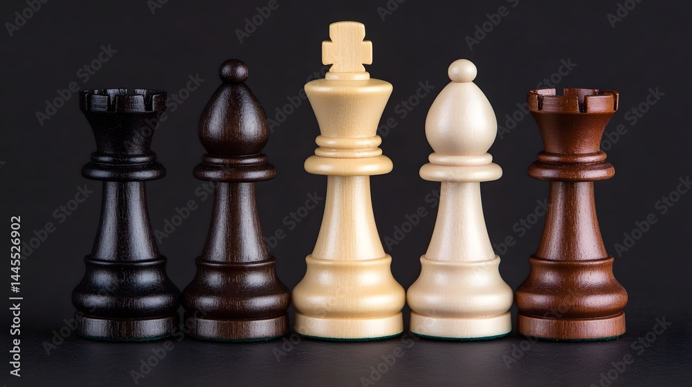 Chess pieces arranged on a dark background, representing strategic business decisions and leadership. long_title:An arrangement of various chess Chess pieces arranged on a dark background, representing strategic business decisions and leadership. long_title:An arrangement of various chess