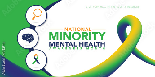 Minority Mental Health Awareness Month. Vector web banner for social media, poster, card, flyer. Text Minority Mental Health Awareness Month, July. Human head, a plant with leaves on white background.