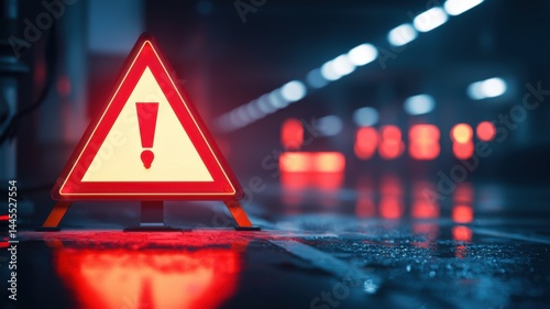 A red triangular warning sign with an exclamation mark stands in a dimly lit, wet tunnel with blurred red lights in the background. photo