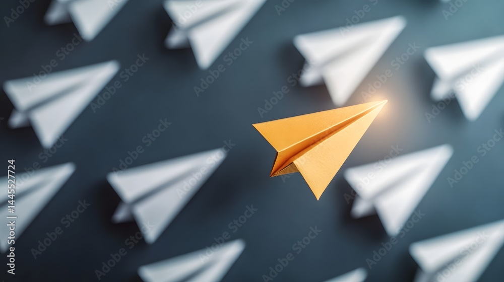 Leading paper airplane soars among the flock
