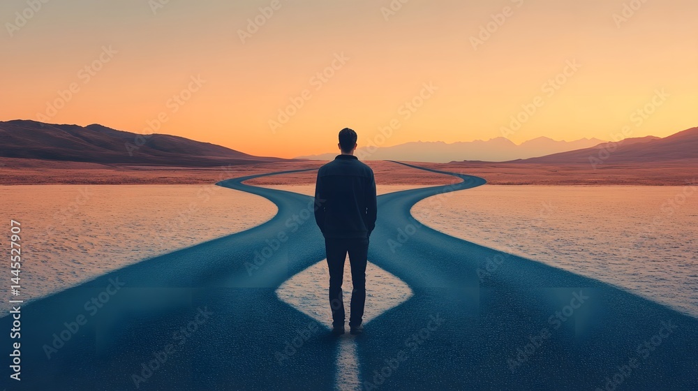 A solitary figure stands at a surreal crossroads, facing an uncertain future.