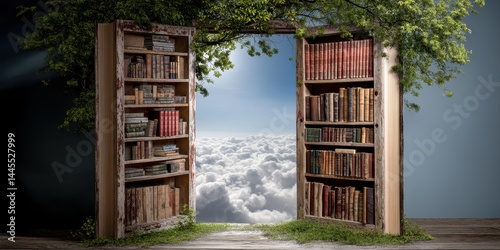 A wondrous doorway to a library in the clouds.