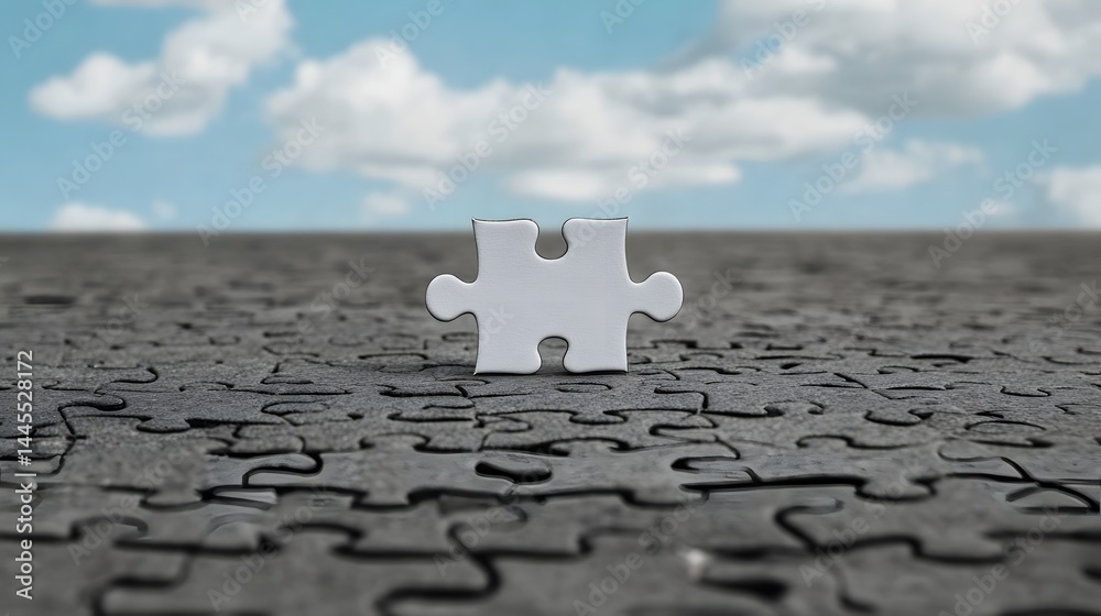 Puzzle piece hovering in the sky above an incomplete landscape