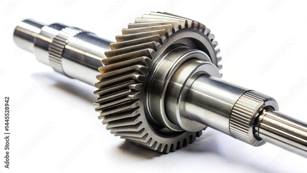 Metal shaft with visible gears and teeth in close-up isolation on a white background , engineering, machinery, engineering Metal shaft with visible gears and teeth in close-up isolation on a white background , engineering, machinery, engineering