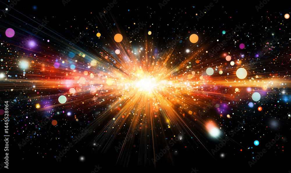 Fototapeta premium Brilliant burst of light and colorful particles radiating from a central point, creating a dynamic, festive, and cosmic abstract explosion effect