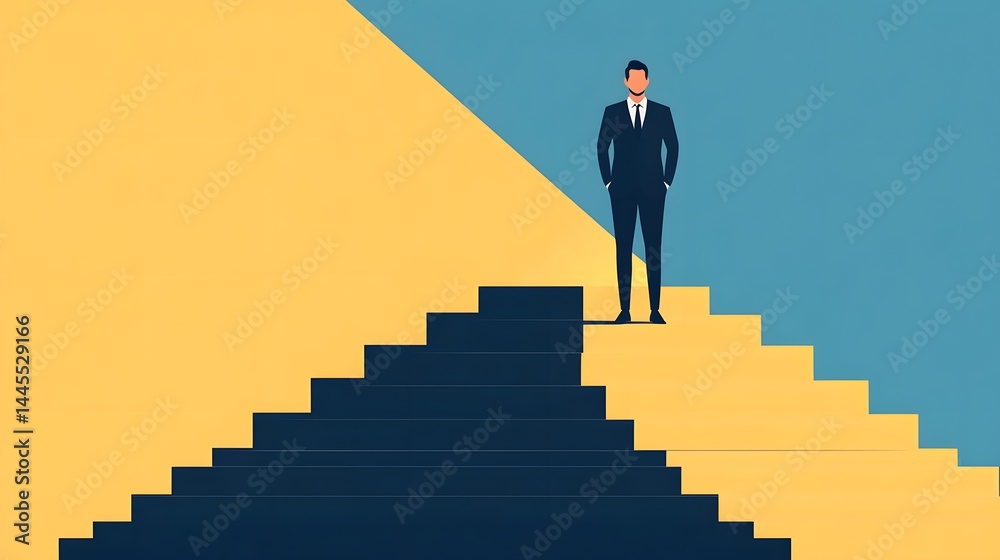 Successful businessman standing on staircase, representing leadership and growth.