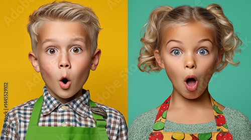Collage of two photos of cute little boy and girl with surprised facial expression