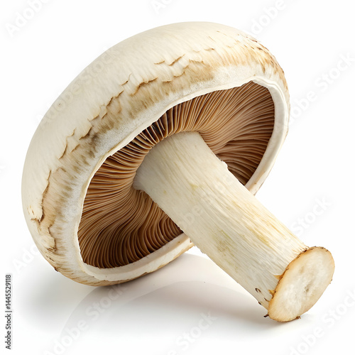 single champignon mushroom with natural details on white backdrop