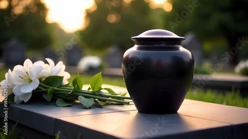 A black funeral urn on a tombstone with white flowers, in a graveyard with green grass and trees in the background