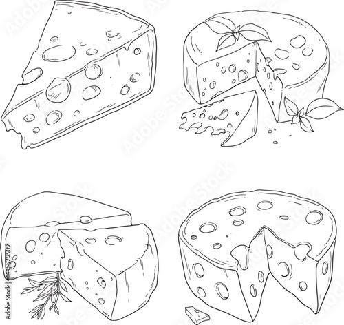 Line art illustration of various cheese types, including wedges and wheels, some with herbs. Simple black and white design.