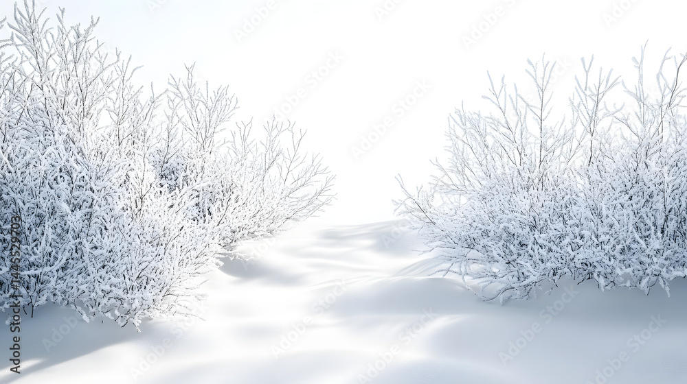Serene winter landscape with snow-covered shrubs snowy terrain horizontal pure white background Serene winter landscape with snow-covered shrubs snowy terrain horizontal pure white background