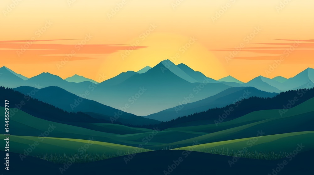Picturesque rural landscape with mountains and a vibrant sunset.