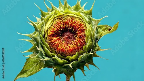 Unique sunflower bloom with vibrant colors on blue background