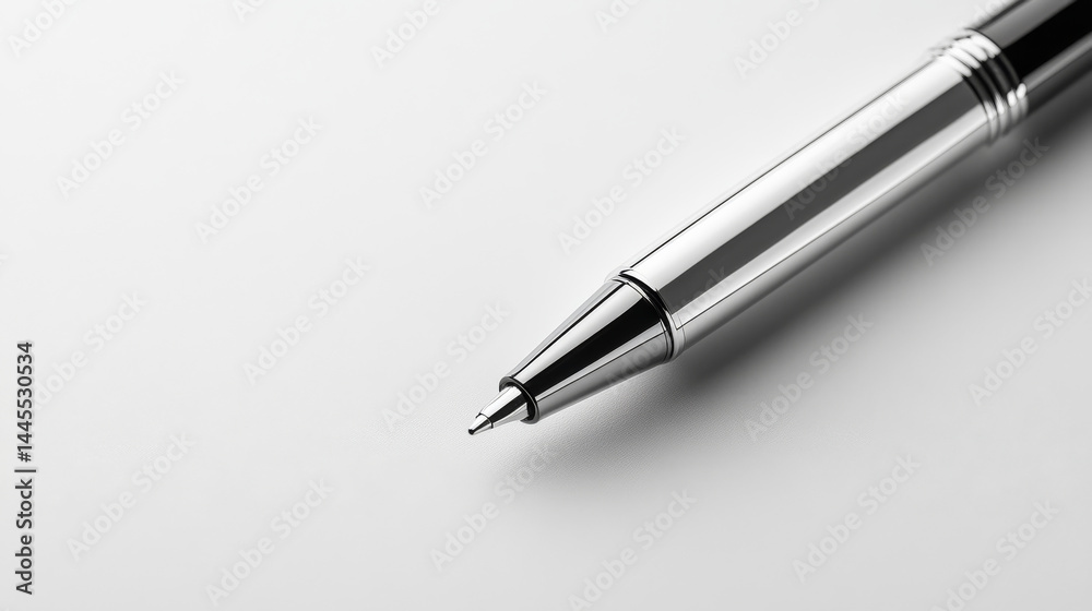 Classic silver and black ballpoint pen resting on a pristine white surface Classic silver and black ballpoint pen resting on a pristine white surface