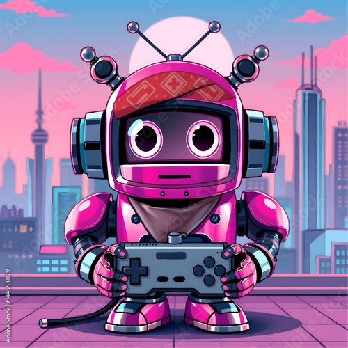robot gamer mascot playing controller in sunset city