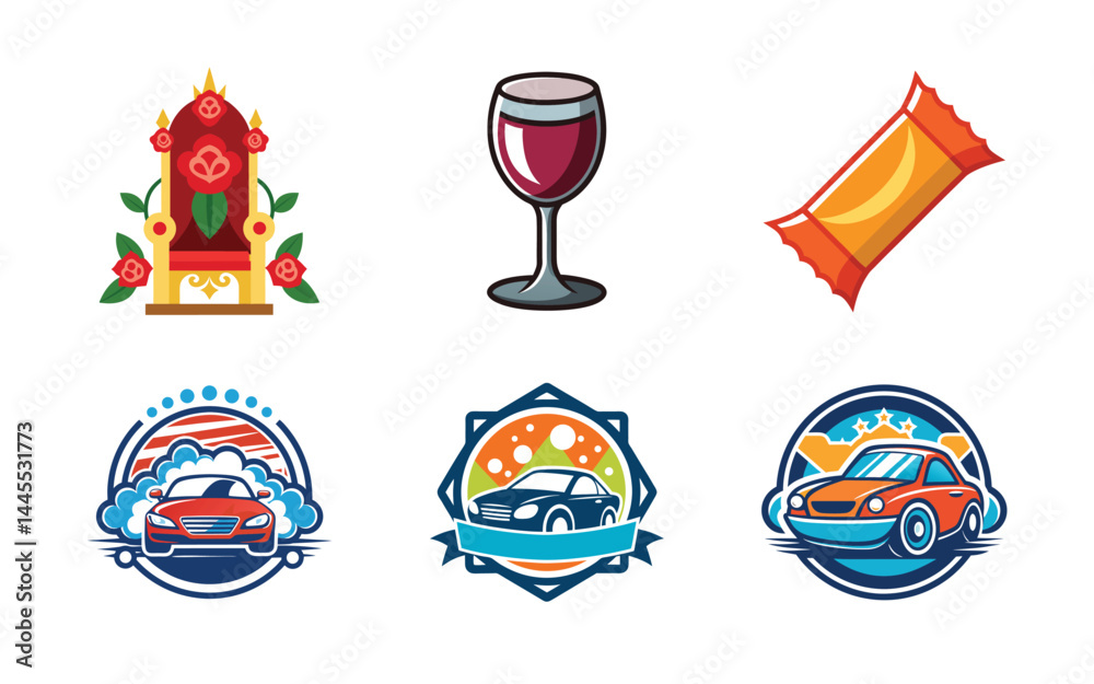 Naklejka premium Colorful Logos Featuring Cars Wine Throne Candy and Car Wash