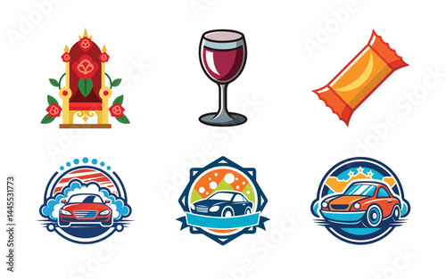 Colorful Logos Featuring Cars Wine Throne Candy and Car Wash