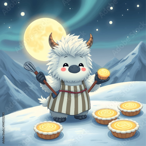yeti baker mascot whipping up pies under moonlight