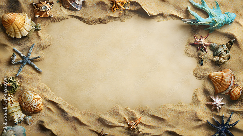 White blank paper with sand around and marine obje White blank paper with sand around and marine obje