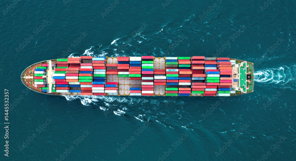 Fototapeta premium Aerial top down view container ship cargo sea ocean logistics transportation import export. Maritime shipping, global trade, freight transport concept.