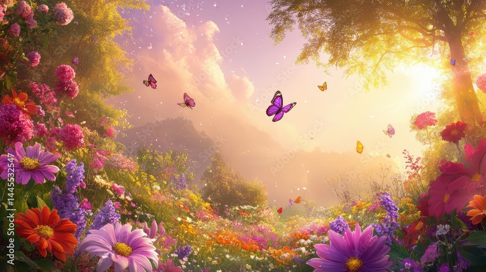 Obraz premium Earth amid garden blooms, touched by delicate purple butterflies