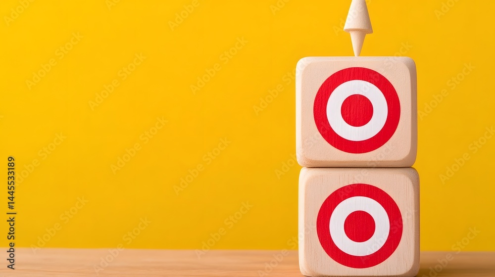 Stacked wooden cubes with target symbols, representing business goals and strategies