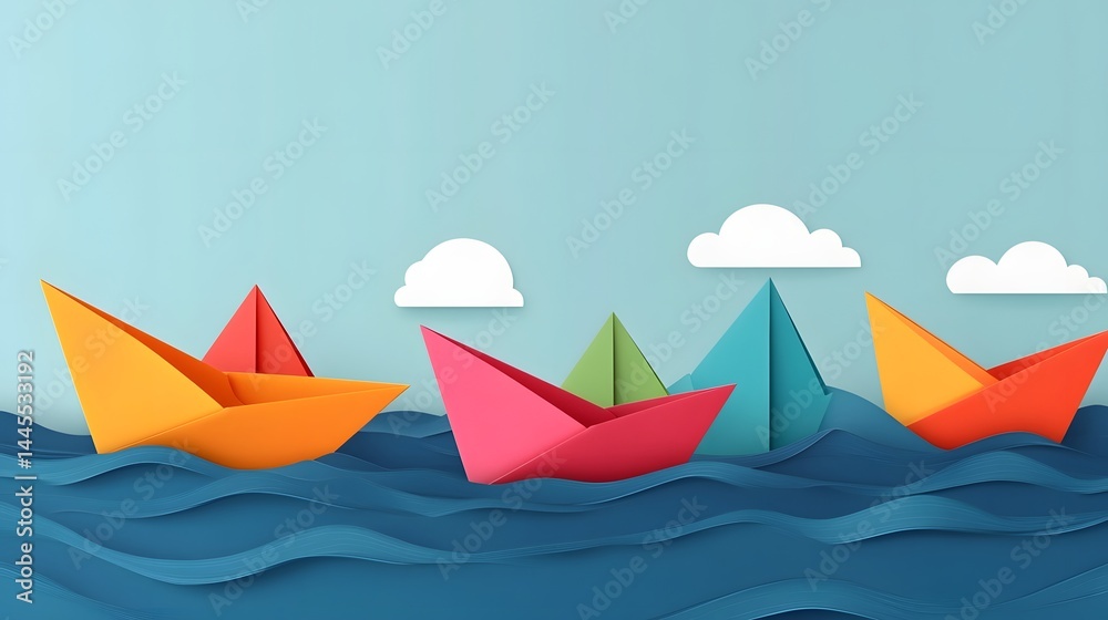 Colorful paper boats sailing across the open sea