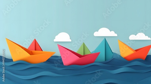 Obraz na płótnie Colorful paper boats sailing across the open sea w salonie
