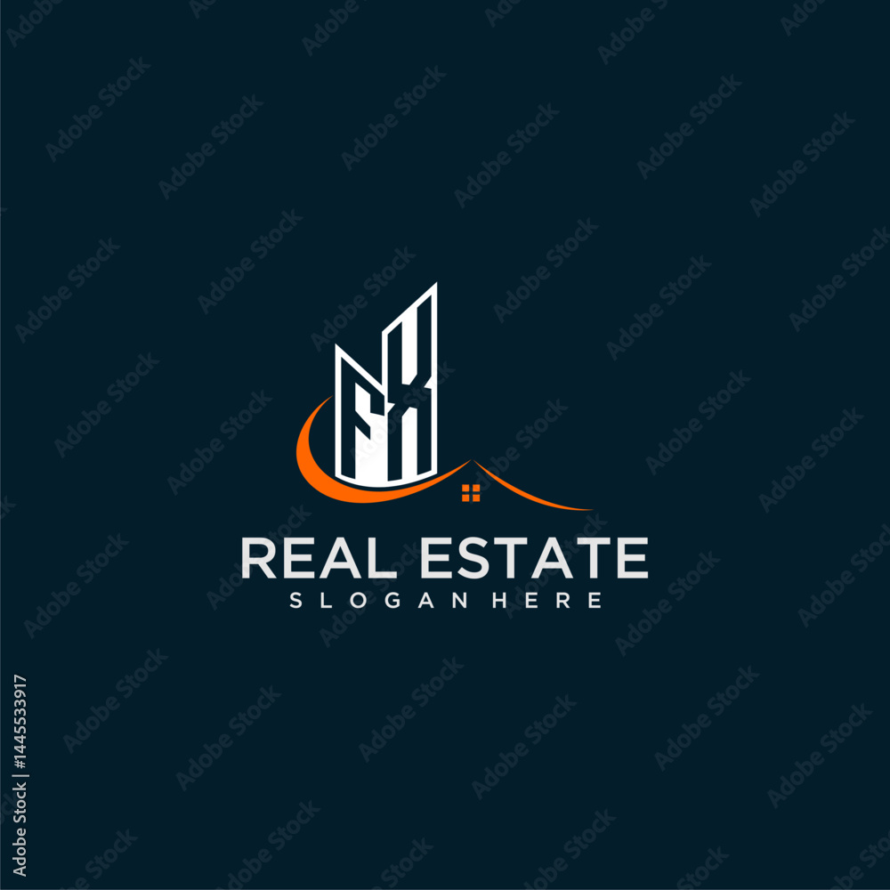 FX initial monogram building and roof logo for real estate with creative circle style design